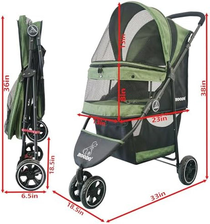 ROODO 3 Wheel Pet Stroller Best Lightweight Foldable Compact Portable Jogger All Terrain Travel Pet Gear Puppy Kitty Stroller for up to 30lbs Medium Small Dogs and Cats(Green)
