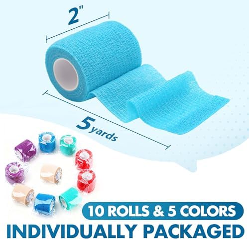 Lotfancy 10 Rolls Self Adhesive Vet Wrap, 2 Inch Cohesive Bandage Wrap for Wound Care, Elastic Pet Tape for Dogs, Cats, Horses, Breathable Medical First Aid Tape for Paw, Leg, Foot, Assorted Colors