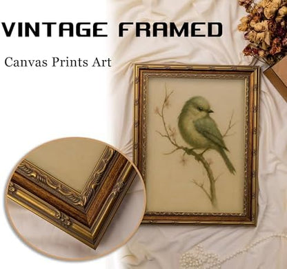 Vintage Gold Framed Bird Wall Art, Watercolor Spring Cherry Blossom Canvas Print, Antique Neutral Floral Wall Decor, Retro Cottagecore Picture Poster Artwork for Nursery Bedroom Living Room