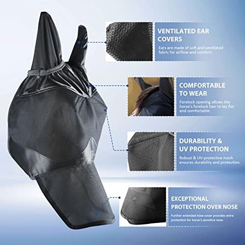 Harrison Howard UV-Proof Forelock Opening Reliable Protection Horse Fly Mask Long Nose with Ears Black Arabian Medium