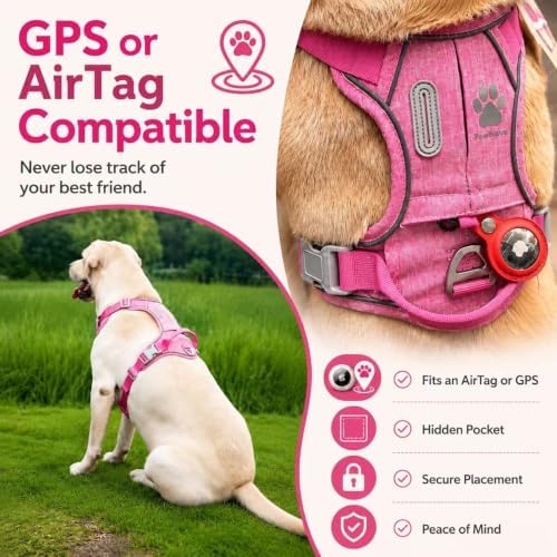 PawWave No Pull Dog Harness with Built-in Hidden AirTag & GPS Tracker Holder, Reflective Adjustable Escape-Proof Vest Harness for Small & Medium Dogs (Hot Pink, L)
