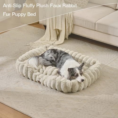 Luxury Dog Beds,Large Sized Dog Washable Furry Pet Beds,Comfort Rectangle Pet Sofa Couch with Ultra,Puppy Beds with Removable Zipper Cover,30x25x7.5inches,Cream