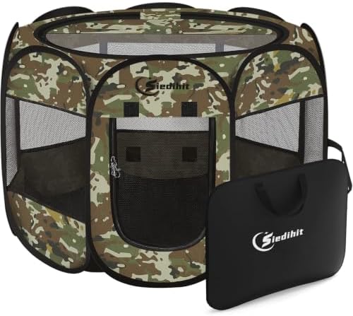 Siedihit Dog Cat Puppy Pet Playpen,Crate Tent Cage(Green Camo, Medium)