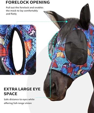 Harrison Howard Stretch Fly Mask with Forelock Opening and Patterns Comfortable Breathable Snug Fitting Horse Fly Mask Butterfly L