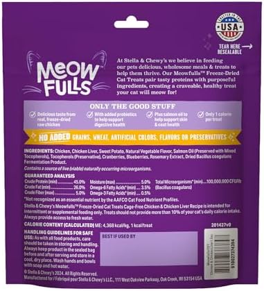 Stella & Chewy's Meowfulls Freeze Dried Cat Treats - Chicken & Chicken Liver Recipe - Raw Protein with Probiotics & Salmon Oil - 1 Calorie Per Treat - 1.5 oz