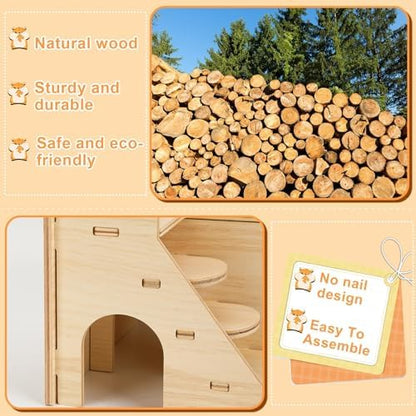 PETKNOWS 2-Pack Hamster House Wooden Castle Mouse Hideouts Bed with Stairs