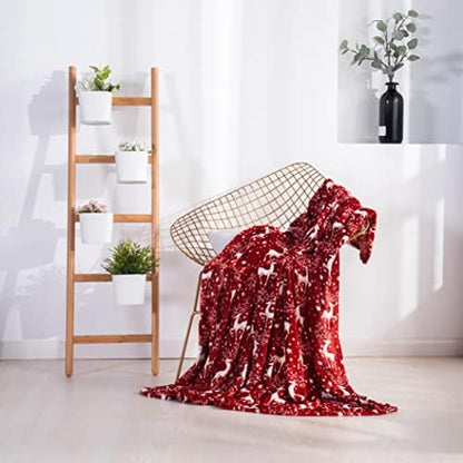Elegant Comfort Velvet Touch Ultra Plush Christmas Holiday Printed Fleece Throw/Blanket - 50 inches x 60 inches, (Reindeer Stars)