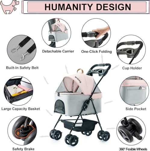 Pet Stroller with Detachable Carrier for Small Dogs&Cats, Pink Gray
