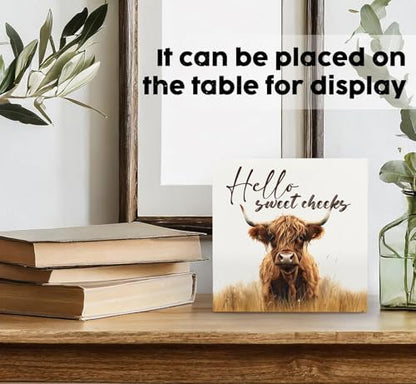 Highland Cow Bathroom Decor Sign, Hello Sweet Cheeks Wooden Box Signs, Highland Cow Gifts For Women Lovers,6x6