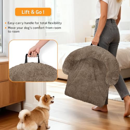 Calming Dog Bed Fluffy Plush Dog Mat for Furniture Protector with Removable Washable Cover for Large Medium Small Dogs and Cats (Medium(41x37x6), Camel)