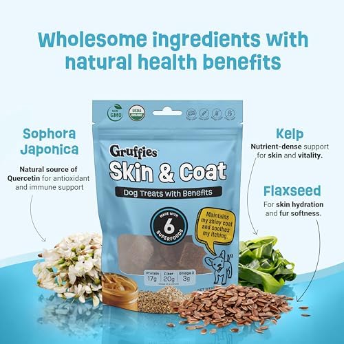 Gruffies Skin & Coat Dog Treats, Peanut Butter Dog Treats with Flaxseed, Kelp & Blueberries, USDA Organic, Non-GMO, Soy-Free, Wheat-Free, Corn-Free, Made in Canada, 6 oz (Pack of 6)