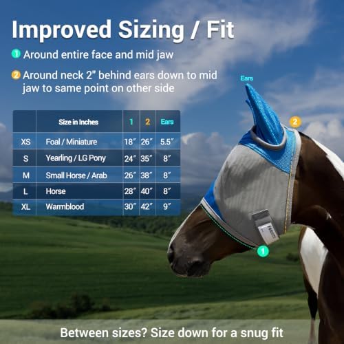 Horse Fly Mask with Ears, UV Block Breathable Mesh (Blue, S)