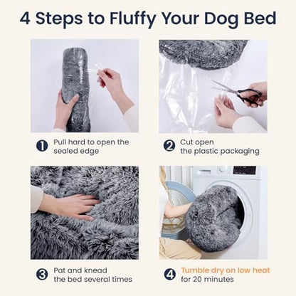 JOLLYVOGUE Calming Dog Beds Extra Large Sized Dog, 45in Donut Washable Large Pet Bed, Anti-Slip & Anti-Anxiety Fluffy Faux Fur Round Dogs Bed, Fits up to 125 lbs Pets (Smoke Black)
