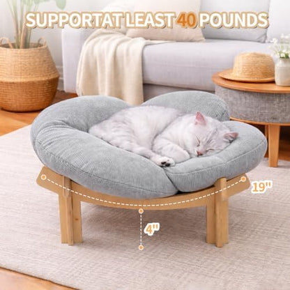 Elevated Wooden Cat Bed with Fluffy Removable Cushion, Modern Petal Shaped Cat Couch Sofa for Indoor Cats Small Dogs 40lbs Capacity Easy to Assemble (Gray)