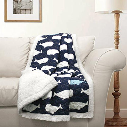 Lush Decor Whale Throw | Ocean Animal Print Fuzzy Reversible Sherpa Blanket - 60” x 50”, Navy