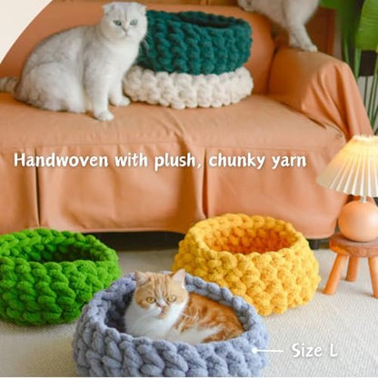 Cat Nest Bed, Handwoven Washable Round Cave Kitten (Cloud White,L)