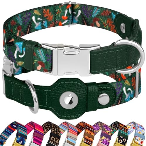 AirTag Dog Collar for Small Medium Large Breed - Adjustable Cute Pattern Dog Collar with Airtag Holder - Soft Leather Tracker GPS Apple Air Tag Pet Collars (Large, 17"-21" Neck Fit, Mushroom)