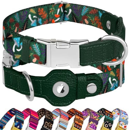 AirTag Dog Collar for Small Medium Large Breed - Adjustable Cute Pattern Dog Collar with Airtag Holder - Soft Leather Tracker GPS Apple Air Tag Pet Collars (Large, 17"-21" Neck Fit, Mushroom)