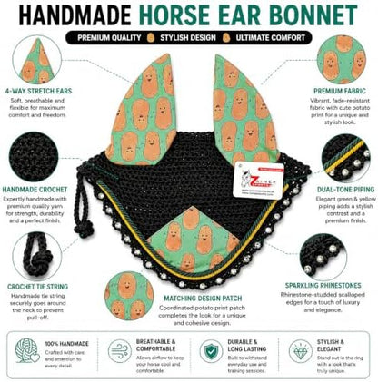 Horse Ear Bonnet for Horses, Floral Print Fly Bonnet with Crystal Edge, Handmade Crochet Fly Veil, Breathable Stretch Ears (Sweet Potato Print, Extra-Full)