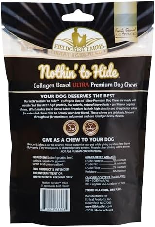 Fieldcrest Farms Nothin' to Hide Collagen-Based Dog Chews, Wishbone, Beef Flavor, Ultra-Premium, for Dogs Over 25lbs, Easily Digestible, Supports Skin, Coat, Joints & Muscles, 5-Inch, 2 Pieces