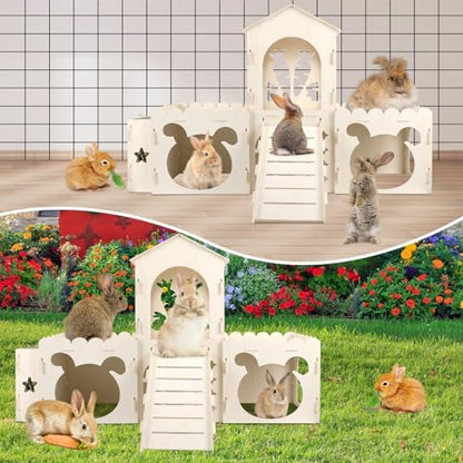 Extra Large Rabbit Castle, Wooden Bunny House & Hay Feeder, Detachable Rabbit Hideaway, Indoor Rabbit Castle with Ramp, Small Animal Houses & Habitats with Sisal Mat