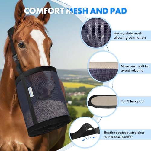 Horse Feed Bag Pack of 2 (Reinforced Bottom Edging), Feed Bags for Horses with Ventilation Mesh, Comfort Nose Pad Neck Pad, Adjustable Strap, Spill Proof Design for Feeding Grain, Supplements