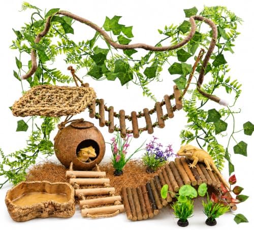 Crested Gecko Tank Accessories, Reptile Bridge and Plants with Coconut Shell Ladder Hideout, Natural Terrarium Decor for Lizard, Chameleon, Leopard Gecko, Snake, Hermit Crab and Tortoise (Group C)