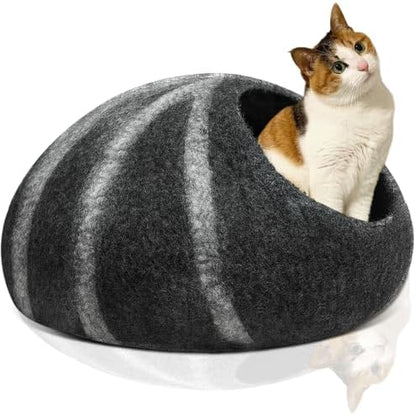 Felted Wool Cat Cave Merino Wool Cat Bed for Indoor Round Cave (Black)