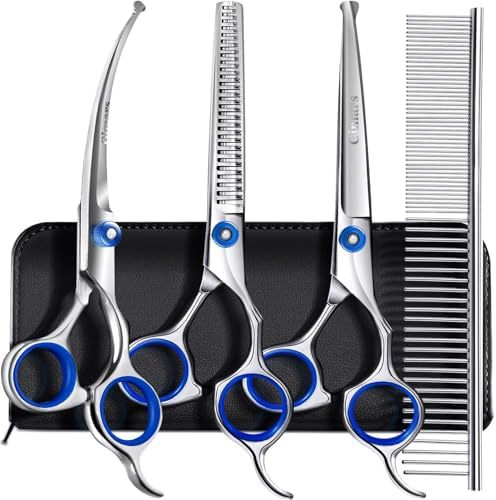 Gimars Professional 5 in 1 Grooming Scissors for Dogs 4CR with Safety Round Tip, Heavy Duty Titanium Coated Straight & Thinning & Curved Shears