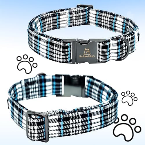 Lionheart glory Dog Bow Collar Blue and Black Plaid Dog Collar for Small Dogs,Boy Dog Collars with Bowtie Spring Summer Collars Soft Adjustable Pet Collar Bows