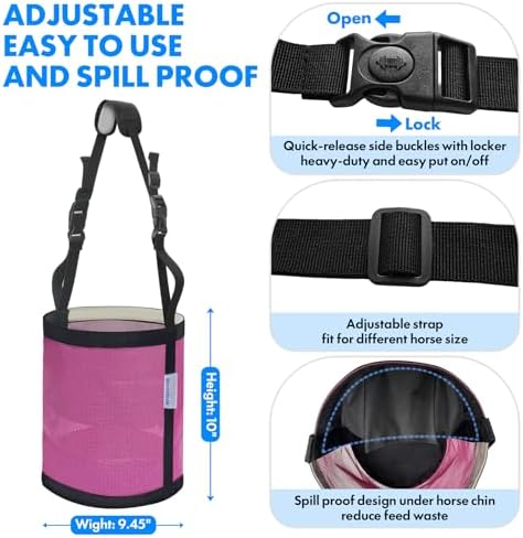 Horse Feed Bag Pack of 2 (Reinforced Bottom Edging), Feed Bags for Horses with Ventilation Mesh, Comfort Nose Pad Neck Pad, Adjustable Strap, Spill Proof Design for Feeding Grain, Supplements