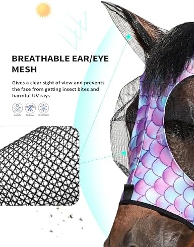 Harrison Howard Stretch Fly Mask with Forelock Opening and Patterns Comfortable Breathable Snug Fitting Horse Fly Mask Fish Scale M