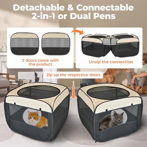 2-in-1 Pop Up Cat Playpen, Detachable into 2 Separate Pens with Additional Doors, Assembly-Free Portable Dog Crates Pet Pen Tent Kennel Kitten Puppy Enclosure Cage Indoor Outdoor Foldable Condo(S)