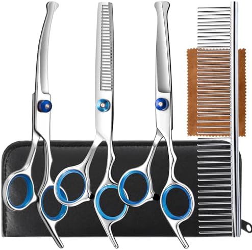 5 in 1 Upgraded Thicken Dog Grooming Scissors, Professional Dog Scissors for Grooming with Safety Round Tips, Lengnoyp Stainless Steel Thinning Shears, Pet Cat Shears for Grooming Kit
