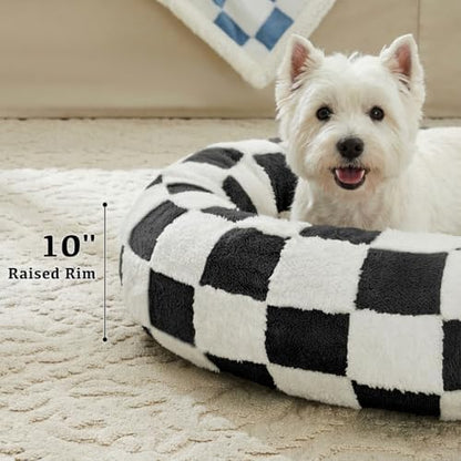 Ohocut Checkered Dog Bed, Cute Black White Retro Style Aesthetic Round Warming Pet Calming Beds for Small Dog and Cats, Plush Cozy Donut Dog Beds Washable, 30" L x 30" W x 8" Th
