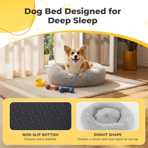 Soft Round Dog & Cat Bed, Anti-Anxiety Donut Cuddler with Anti-Slip Bottom Cozy Fluffy Pet Bed for Medium Large Dogs and Cats, 37inch, Grey