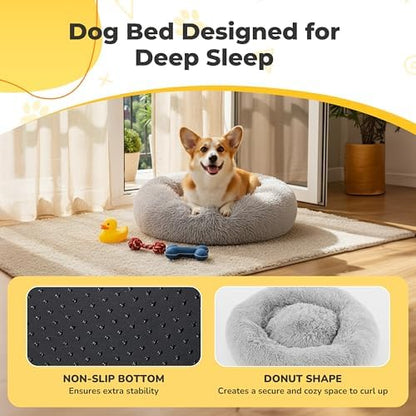 Soft Round Dog & Cat Bed, Anti-Anxiety Donut Cuddler with Anti-Slip Bottom Cozy Fluffy Pet Bed for Medium Large Dogs and Cats, 37inch, Grey
