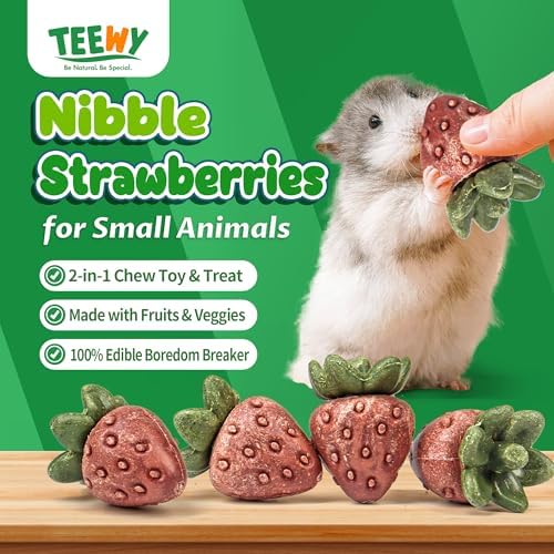 TEEWY Guinea Pig Toys, 4PCS Strawberry Shaped Hamster Toys, Natural Guinea Pig Chew Toys for Teeth Grinding, Hamster Enrichment Toys for Hamster, Gerbil, Chinchilla, Rat