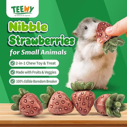 TEEWY Guinea Pig Toys, 4PCS Strawberry Shaped Hamster Toys, Natural Guinea Pig Chew Toys for Teeth Grinding, Hamster Enrichment Toys for Hamster, Gerbil, Chinchilla, Rat