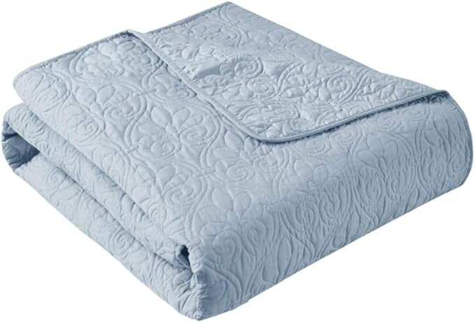 Madison Park Throw Blanket - Reversible Damask Quilting Design, Soft Pre-washed Microfiber, Cotton Filled Spread, Cozy Summer Blanket - Throw for Living Room Couch, Sofa, Bed, Quebec, 60x70", Blue
