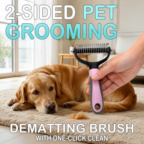 Pet Grooming Brush - Double-Sided Dematting Comb & Deshedding Tool for Dogs and Cats, Effortless Hair Removal, Ideal for Long-Haired Breeds, Reduce Shedding (1, Pink, Large)