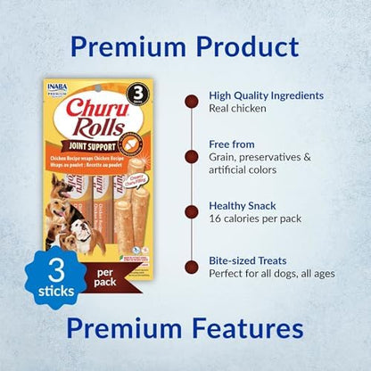 INABA Churu Rolls Joint Support for Dog, Functional Lickable Dog Treat with Taurine & Green Tea Extract, 1.26oz Each, 18 Tubes Total, Chicken Recipe