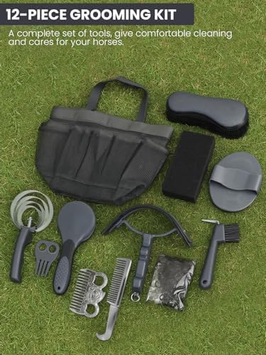 Horse Grooming Kit 12 Pieces Set – Complete Horse Brushes & Care Supplies Set with Organizer Tote Bag, Equine Coat Grooming Tools, Tack Room Equipment & Gifts for Horse Owners & Lovers