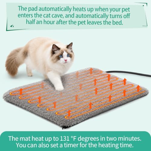 Smart Heated Cat Bed Cave Pet House Cushion Indoor Cats & Small Dogs, Washable & Foldable, 17.72x13.8 inches, Gray S