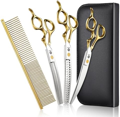 Dream Reach Dog Grooming Scissors - 7'' Curved Dog Shears Set with Ergonomic Handle, Professional Sharp Trimming Curved Scissors and Comb for Pet