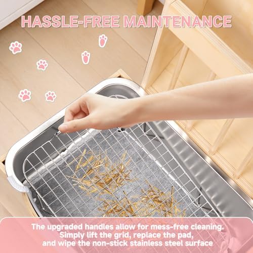 3-in-1 Rabbit Hay Feeder with Stainless Steel Litter Box, Wooden Bunny Hay Rack & Food Bowl Stand Combo, Low Entry Potty Trainer for Guinea Pigs, Includes 20 Pee Pads & 12 Carrot Treats