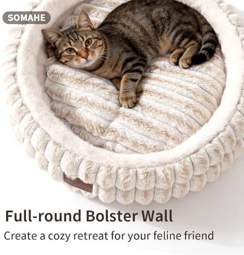 SOMAHE Cat Bed for Indoor Cats, Washable Round Plush, 20x20 Cream