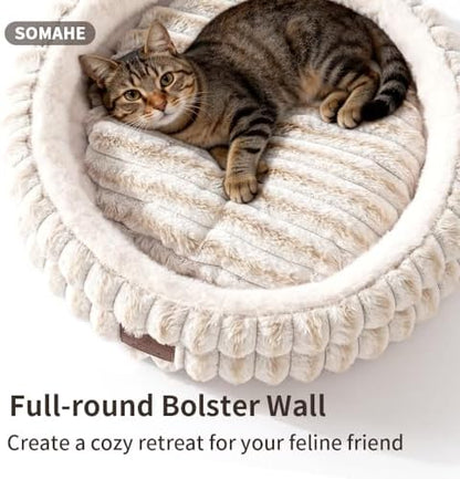 SOMAHE Cat Bed for Indoor Cats, Washable Round Plush, 20x20 Cream