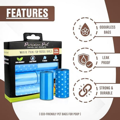 Parisian Pet Ecofriendly Dog Poop Bags Rolls - 160 Count Unscented Poop Bags For Dogs - Leakproof, Extra Thick, 8 Dog Waste Bags Refill Rolls - Stripes Dots Blue Doggie Poop Bags