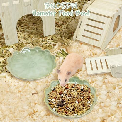 BNOSDM Shallow Ceramic Hamster Food Dish 2 Pcs Small Animals Food Bowl Sunflower Feeding Dishes for Gerbils Mice Rats 4.5in (Green)